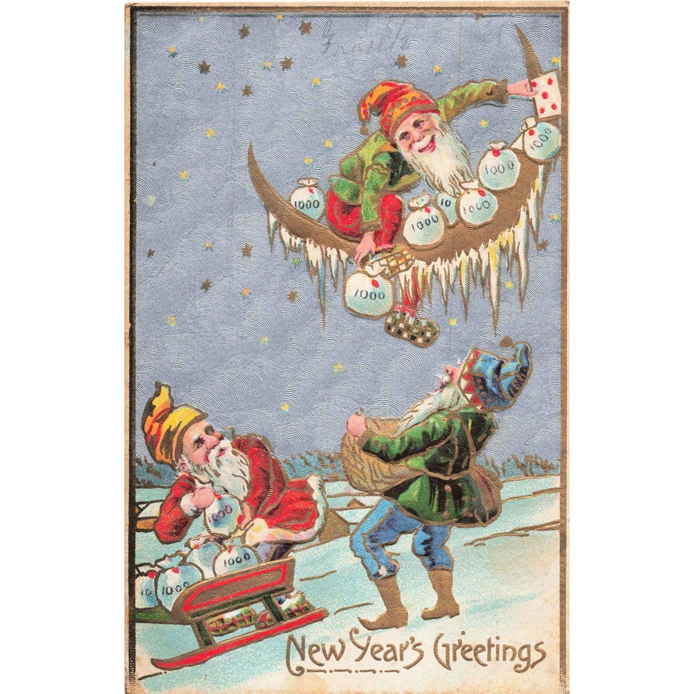 Vtg 1911 New Years Greetings Postcard Gnomes Money Bags Moon 1c Franklin Stamp - Picture 1 of 2